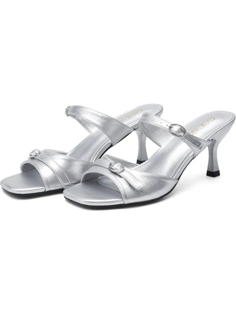 Women's Silver Square Open Toe Low Kitten Heels Buckle Strap Comfort Sandals